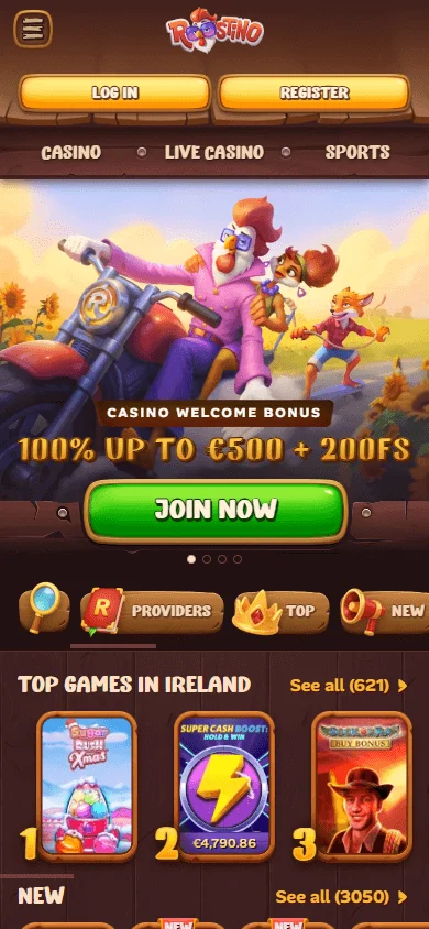 Roostino Casino home page on a mobile device