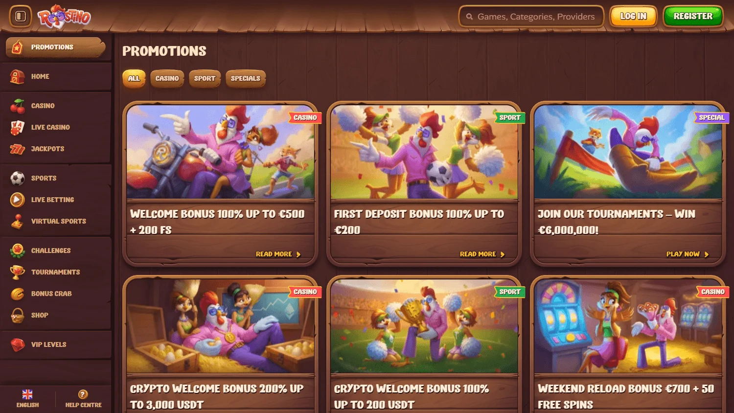 Roostino Casino promotions area on desktop
