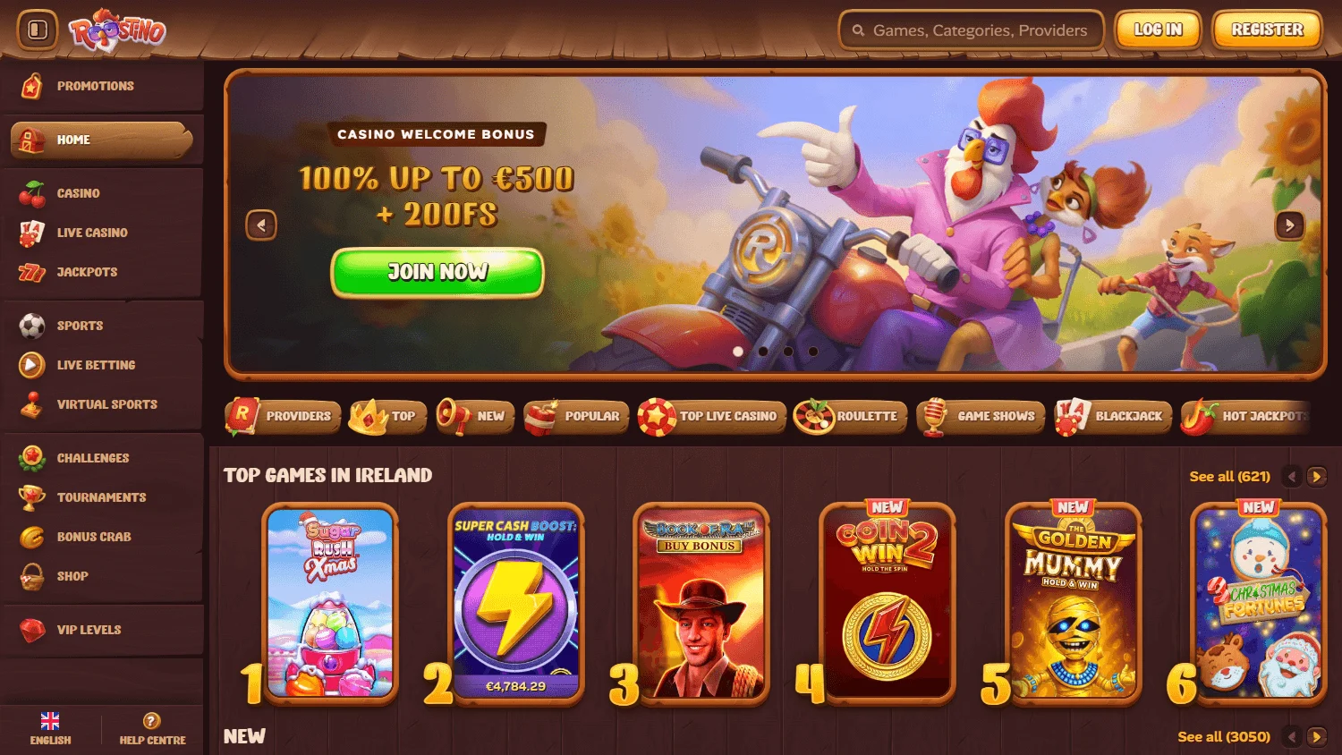 Roostino Casino home page on desktop