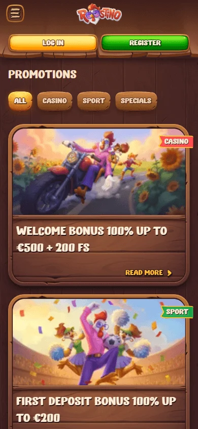 Roostino Casino promotions area on a mobile device