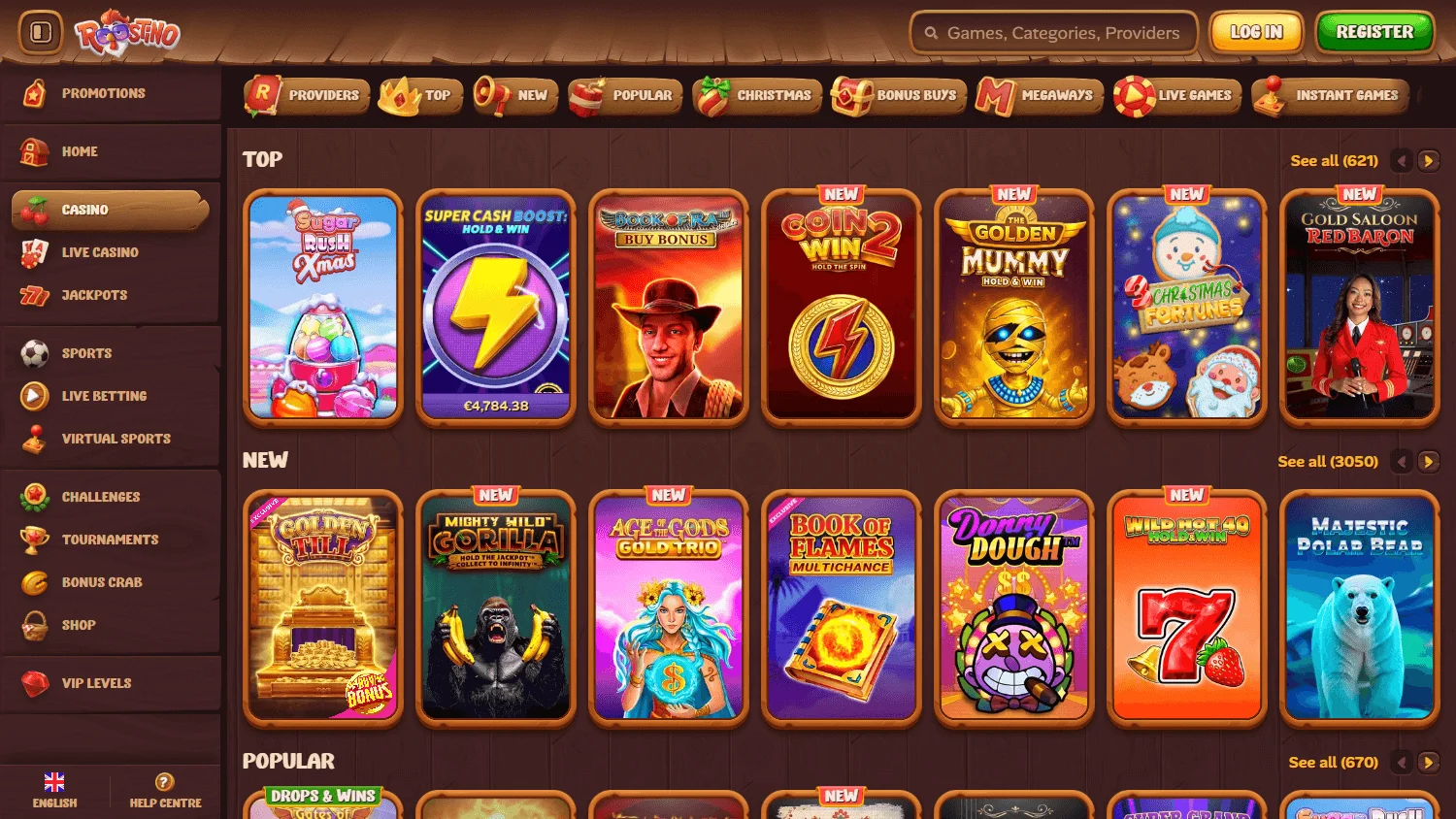 Roostino Casino games area on desktop