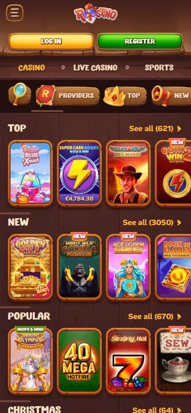 Roostino Casino games area on a mobile device